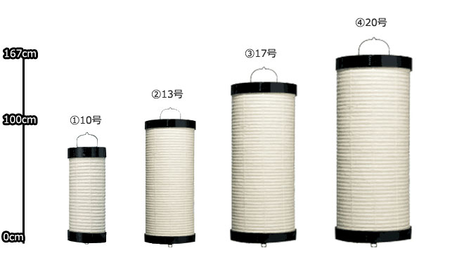 細型弓張り提灯のサイズ参考図